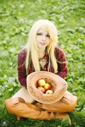 Size: 1320x1980 | Tagged: safe, artist:bizzare deer, applejack, human, g4, apple, boots, clothes, cosplay, costume, cowboy boots, cowboy hat, female, food, hat, irl, irl human, looking at you, photo, shirt, shoes, shorts, sitting, stetson, wig