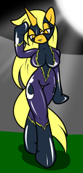 Size: 849x1765 | Tagged: safe, artist:tinker-tock, oc, oc only, oc:dream searcher, unicorn, anthro, unguligrade anthro, arm hooves, bedroom eyes, breasts, clothes, costume, female, full moon, horn, latex, latex suit, mind control, moon, salute, shadowbolts, shadowbolts costume, solo, unicorn oc