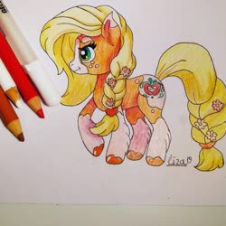 Size: 1080x1080 | Tagged: safe, artist:lizaartz9, applejack, earth pony, pony, g4, applejack (g5 concept leak), braid, braided tail, coat markings, female, g5 concept leak style, g5 concept leaks, hooves, mare, redesign, solo, traditional art