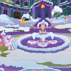 Size: 895x895 | Tagged: safe, gameloft, ocellus, silverstream, smolder, changedling, changeling, classical hippogriff, dragon, hippogriff, g4, bell, christmas decoration, courtyard, female, fountain, frozen, outdoors, school of friendship, snow, winter