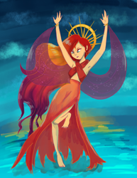 Size: 2550x3300 | Tagged: dead source, safe, artist:pettypop, sunset shimmer, equestria girls, g4, alternate clothes, alternate hairstyle, armpits, barefoot, bocas top, clothes, crown, dress, feet, female, goddess, high res, jewelry, regalia, solo, sunset shimmer is god