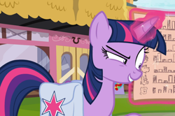 Size: 1324x880 | Tagged: safe, screencap, twilight sparkle, alicorn, pony, a trivial pursuit, g4, bag, crazy grin, cropped, female, glowing horn, grin, horn, levitation, magic, magic aura, mare, obsession, raised eyebrow, saddle bag, shrunken pupils, smiling, solo, telekinesis, twilight sparkle (alicorn), twilighting