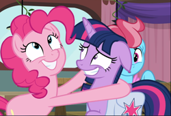 Size: 1212x823 | Tagged: safe, screencap, cup cake, pinkie pie, twilight sparkle, alicorn, earth pony, pony, a trivial pursuit, g4, bag, cropped, cute, diapinkes, duo focus, excited, faic, fake smile, female, floppy ears, grin, hug, looking up, mare, nervous, nervous smile, saddle bag, smiling, team twipie, twilight sparkle (alicorn)