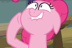 Size: 1416x938 | Tagged: safe, screencap, pinkie pie, earth pony, pony, a trivial pursuit, g4, season 9, cropped, excited, faic, female, floppy ears, hoof on cheek, lip bite, mare, pinkie being pinkie, shrunken pupils, solo, trivia trot