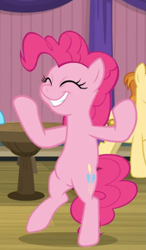 Size: 435x743 | Tagged: safe, screencap, golden crust, pinkie pie, earth pony, pony, a trivial pursuit, g4, bipedal, cropped, cute, cutie mark, diapinkes, excited, eyes closed, faic, female, grin, happy go lucky, mare, pinkie being pinkie, smiling, solo focus