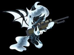 Size: 1292x964 | Tagged: safe, artist:kannakiller, oc, oc only, oc:winter's night, bat pony, pony, armor, bat pony oc, black background, ethereal mane, eyes closed, female, flying, gun, hoof shoes, hug, mare, rifle, scar, simple background, sniper rifle, solo, starry mane, weapon, ych result