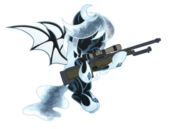 Size: 1292x964 | Tagged: safe, alternate version, artist:kannakiller, oc, oc only, oc:winter's night, bat pony, pony, armor, bat pony oc, ethereal mane, eyes closed, female, flying, gun, hoof shoes, hug, mare, rifle, scar, simple background, sniper rifle, solo, starry mane, weapon, white background, ych result