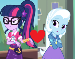 Size: 1368x1080 | Tagged: safe, edit, edited screencap, screencap, sci-twi, trixie, twilight sparkle, equestria girls, equestria girls specials, g4, my little pony equestria girls: better together, my little pony equestria girls: forgotten friendship, my little pony equestria girls: sunset's backstage pass, crossed arms, female, geode of telekinesis, lesbian, magical geodes, ship:sci-twixie, ship:twixie, shipping, shipping domino