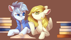 Size: 4300x2419 | Tagged: safe, artist:neonishe, oc, pegasus, pony, unicorn, book, couple, shipping