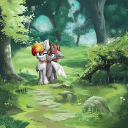 Size: 4096x4096 | Tagged: safe, artist:arjinmoon, oc, oc only, absurd resolution, female, forest, hug, looking at each other, male, mare, oc x oc, scenery, shipping, smiling, stallion, straight, winghug