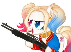 Size: 1039x768 | Tagged: safe, artist:kannakiller, oc, oc only, oc:har-harley queen, earth pony, pony, choker, clothes, ear piercing, earring, female, fishnet stockings, gun, heterochromia, hoof hold, jacket, jewelry, makeup, mare, multicolored hair, open mouth, piercing, pigtails, running makeup, shotgun, simple background, solo, spas-12, tattoo, twintails, varsity jacket, weapon, white background, ych result