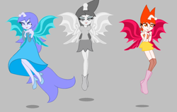 Size: 1734x1102 | Tagged: safe, artist:legacy-galaxy, oc, oc only, oc:apathia, oc:discentia, oc:karma, demon, equestria girls, g4, alternate hairstyle, boots, clothes, equestria girls-ified, eyeshadow, fangs, horn, makeup, miniskirt, reddit, shoes, simple background, skirt, socks, thigh highs, trio, wings