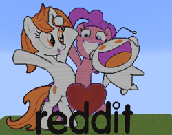Size: 1280x1004 | Tagged: safe, alternate version, artist:hell00001, pinkie pie, oc, oc:karma, earth pony, pony, unicorn, g4, arms in the air, bipedal, cutie mark, female, happy, heart, mare, minecraft, minecraft pixel art, pixel art, ponified, reddit, snoo, upvote, vector