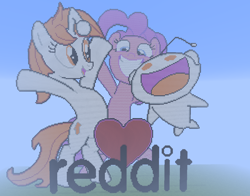 Size: 1280x1004 | Tagged: safe, artist:hell00001, pinkie pie, oc, oc:karma, pony, unicorn, g4, arms in the air, bipedal, cutie mark, female, happy, heart, mare, minecraft, minecraft pixel art, pixel art, ponified, reddit, snoo, upvote, vector