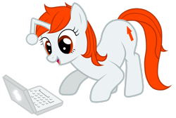 Size: 2984x2009 | Tagged: safe, artist:jennieoo, oc, oc only, oc:karma, pony, unicorn, g4, commission, computer, cutie mark, female, high res, laptop computer, looking at something, mare, ponified, reddit, show accurate, simple background, solo, transparent background, upvote, vector