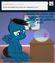 Size: 2499x2843 | Tagged: safe, artist:agkandphotomaker2000, oc, oc:pony video maker, pegasus, pony, tumblr:pony video maker's blog, ask, childhood, childhood memories, colt, crying, fish bowl, high res, implied goldfish, male, not so happy memories, picture, tears of sadness, tumblr