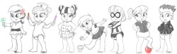 Size: 1321x406 | Tagged: safe, artist:gamerpen, cloudy kicks, derpy hooves, flash sentry, majorette, nurse redheart, photo finish, roseluck, sweeten sour, equestria girls, g4, baby, ball, diaper, flower, food, implied age regression, monochrome, muffin, onesie, syringe, tongue depressor, traditional art, younger