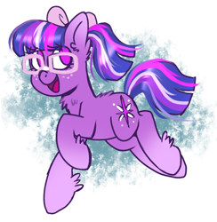 Size: 1568x1606 | Tagged: safe, artist:regkitty, twilight sparkle, earth pony, pony, g4, bow, cute, earth pony twilight, female, fetlock tuft, fluffy, g5 concept leak style, g5 concept leaks, glasses, happy, hooves, looking back, mare, raised hoof, redesign, running, simple background, smiling, solo, twiabetes, twilight sparkle (g5 concept leak)
