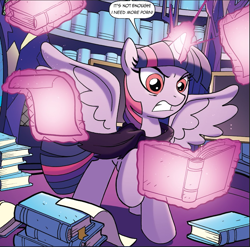 Size: 953x941 | Tagged: safe, edit, idw, twilight sparkle, alicorn, pony, friendship is magic #44, g4, ponies of dark water, spoiler:comic, book, comic, corrupted, corrupted twilight sparkle, cropped, glowing horn, horn, magic, speech bubble, twilight sparkle (alicorn), tyrant sparkle