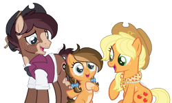 Size: 1224x734 | Tagged: safe, artist:zafara1222, applejack, oc, oc:clementine, oc:deadeye, pony, g4, alternate hairstyle, base used, bow, braid, canon x oc, clothes, coat markings, cowboy hat, female, filly, freckles, granny smith's shawl, hair bow, hat, offspring, parent:oc:deadeye, parents:canon x oc, pinto, scarf, shirt, simple background, stubble, transparent background, vest
