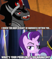 Size: 1280x1440 | Tagged: safe, edit, edited screencap, screencap, king sombra, starlight glimmer, pony, unicorn, every little thing she does, g4, the beginning of the end, annoyed, caption, dialogue, duo, female, image macro, male, mare, meme, raised eyebrow, red eyes, starlight glimmer is not amused, text, unamused