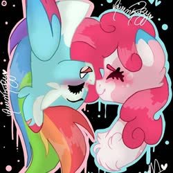 Size: 806x806 | Tagged: safe, artist:galaxy, pinkie pie, rainbow dash, pegasus, pony, g4, chest fluff, coat markings, colored wings, cute, dashabetes, diapinkes, duo, female, g5 concept leak style, g5 concept leaks, happy, lesbian, mare, pinkie pie (g5 concept leak), rainbow dash (g5 concept leak), redesign, ship:pinkiedash, shipping, simple background, smiling, upside down, wings