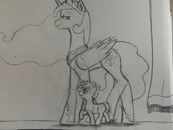 Size: 1024x768 | Tagged: safe, artist:sipioc, princess celestia, oc, oc:little bean, alicorn, pony, unicorn, g4, colt, daaaaaaaaaaaw, female, male, momlestia, monochrome, mother and child, mother and son, offspring, parent:oc:baked bean, parent:princess celestia, parents:canon x oc, pencil drawing, proud, traditional art