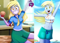 Size: 1429x1024 | Tagged: safe, artist:the-butch-x, editor:thomasfan45, derpy hooves, human, equestria girls, equestria girls series, g4, adorasexy, armpits, background human, beach, belly button, big grin, bikini, bikini babe, butch's hello, canterlot high, classroom, clothes, crepuscular rays, cute, derpabetes, derpy's beach shorts swimsuit, desk, equestria girls logo, female, food, grin, happy, indoors, legs, long hair, looking at you, midriff, muffin, necktie, ocean, outdoors, sexy, shirt, shorts, sitting, skirt, smiling, solo, stupid sexy derpy, sunlight, swimsuit, water, waving, window, windswept hair