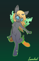 Size: 1464x2253 | Tagged: safe, artist:lunebat, oc, oc only, changeling, changeling queen, anthro, unguligrade anthro, breasts, changeling oc, changeling queen oc, featureless breasts, featureless crotch, female, gradient background, mare, patreon, patreon reward, smiling, solo