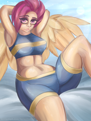 Size: 1755x2350 | Tagged: safe, artist:twiontheline, scootaloo, human, g4, arm behind head, armpits, belly button, breasts, busty scootaloo, clothes, humanized, midriff, older, older scootaloo, sports bra, winged humanization, wings, workout outfit