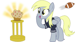 Size: 3581x2039 | Tagged: safe, artist:anime-equestria, derpy hooves, pegasus, pony, g4, american football, clothes, cute, derpabetes, female, food, football, happy, high res, mare, muffin, shiny, shirt, simple background, solo, sports, transparent background, trophy, vector, wings