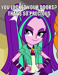 Size: 500x650 | Tagged: safe, edit, edited screencap, screencap, adagio dazzle, aria blaze, equestria girls, g4, my little pony equestria girls: rainbow rocks, breaking and entering, caption, clothes, cropped, female, gem, image macro, lockpicking, looking at you, meme, offscreen character, pigtails, siren gem, smiling, smirk, solo focus, stalker, text, twintails