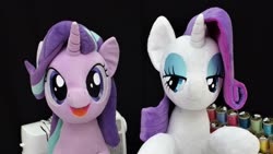 Size: 3359x1889 | Tagged: safe, artist:nekokevin, artist:shunnkai, rarity, starlight glimmer, pony, unicorn, series:nekokevin's glimmy, g4, duo, fabric, female, irl, lidded eyes, looking at you, looking sideways, mare, open mouth, photo, plushie, sewing machine, smiling
