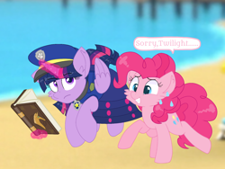 Size: 1440x1080 | Tagged: safe, artist:rainbow eevee edits, artist:徐詩珮, pinkie pie, twilight sparkle, alicorn, earth pony, pony, series:sprglitemplight diary, series:sprglitemplight life jacket days, series:springshadowdrops diary, series:springshadowdrops life jacket days, g4, alternate universe, clothes, cute, dialogue, female, mare, paw patrol, twilight sparkle (alicorn), twilight sparkle is not amused, unamused