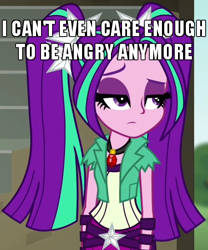 Size: 375x450 | Tagged: safe, edit, edited screencap, screencap, aria blaze, equestria girls, g4, my little pony equestria girls: rainbow rocks, apathy, caption, cropped, fed up, gem, image macro, lidded eyes, siren gem, solo focus, text, tired