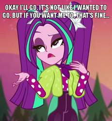 Size: 600x650 | Tagged: safe, edit, edited screencap, screencap, aria blaze, equestria girls, equestria girls series, g4, my little pony equestria girls: sunset's backstage pass, spoiler:eqg series (season 2), caption, cropped, greenbutt pants, image macro, meme, music festival outfit, suspiciously specific denial, text, tsundaria