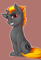 Size: 1650x2400 | Tagged: safe, artist:captainpudgemuffin, oc, oc only, oc:shadowed ember, pony, unicorn, grin, looking at you, male, red eyes, red sclera, simple background, sitting, smiling, solo, stallion