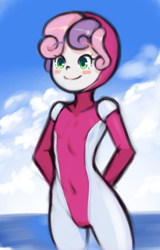 Size: 557x870 | Tagged: safe, artist:drantyno, sweetie belle, human, equestria girls, g4, digital art, female, hooded wetsuit, smiling, solo, water, wetsuit
