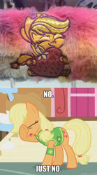 Size: 600x1078 | Tagged: safe, edit, edited screencap, screencap, applejack, earth pony, pony, g4, g4.5, my little pony: pony life, winter wrap up, eyes closed, facehoof, female, food, freckles, mare, strawberry, winter wrap up vest