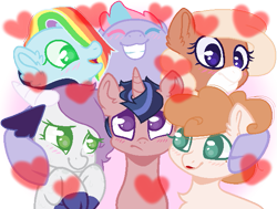 Size: 629x475 | Tagged: safe, artist:theredbeauty, oc, oc only, oc:cool cat, oc:cotton peep, oc:crystal clear, oc:daisy chain, oc:evening constellation, oc:rainbow skies, dracony, earth pony, hybrid, pegasus, pony, unicorn, base used, blushing, cloven hooves, cute, ear fluff, eyes closed, friendship, group hug, hooves to the chest, hug, interspecies offspring, lipstick, next generation, no pupils, offspring, parent:applejack, parent:big macintosh, parent:flash sentry, parent:fluttershy, parent:pinkie pie, parent:pokey pierce, parent:rainbow dash, parent:rarity, parent:soarin', parent:spike, parent:twilight sparkle, parent:unnamed oc, parents:flashlight, parents:fluttermac, parents:pokeypie, parents:soarindash, parents:sparity, simple background, smiling, transparent background, varying degrees of want