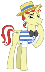 Size: 1500x2403 | Tagged: safe, alternate version, artist:sketchmcreations, flim, pony, unicorn, friendship university, g4, bowtie, clothes, hat, hoof on chin, looking at you, male, shirt, simple background, smiling, solo, stallion, transparent background, vector