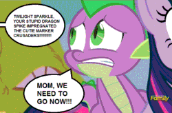 Size: 689x452 | Tagged: safe, edit, edited screencap, screencap, spike, twilight sparkle, alicorn, dragon, pony, castle sweet castle, g4, cropped, discovery family logo, dragons riding ponies, excessive exclamation marks, female, gif, implied cutie mark crusaders, mare, non-animated gif, offscreen character, riding, solo focus, speech bubble, spike riding twilight, twilight sparkle (alicorn)