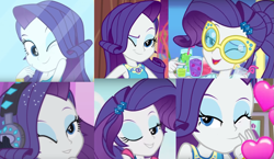 Size: 1445x838 | Tagged: safe, rarity, do it for the ponygram!, equestria girls, equestria girls specials, g4, i'm on a yacht, life is a runway, make up shake up, my little pony equestria girls: better together, my little pony equestria girls: rainbow rocks, my little pony equestria girls: rollercoaster of friendship, my little pony equestria girls: summertime shorts, the other side, beautiful, collage, cute, female, geode of shielding, magical geodes, one eye closed, raribetes, smiling, wink