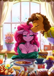 Size: 1979x2800 | Tagged: safe, artist:fidzfox, cheese sandwich, pinkie pie, earth pony, anthro, g4, apron, bedroom eyes, blushing, bread, breasts, busty pinkie pie, cleavage, clothes, egg, female, floppy ears, flower, food, fork, groggy, heart, kiss on the head, kissing, male, mare, music notes, off shoulder, pastry, pie, radio, ship:cheesepie, shipping, sleepy, stallion, straight, window