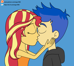 Size: 3588x3180 | Tagged: safe, artist:eagc7, flash sentry, sunset shimmer, human, equestria girls, g4, blue background, clothes, commission, duo, female, high res, kiss on the lips, kissing, ko-fi, male, patreon, ship:flashimmer, shipping, simple background, sleeveless, straight, tank top