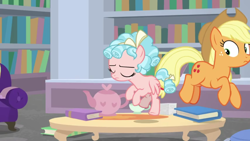 Size: 1280x720 | Tagged: safe, screencap, cozy glow, ocellus, g4, what lies beneath, book, bookshelf, disguise, disguised changeling, duo, eyes closed, fake applejack, teapot