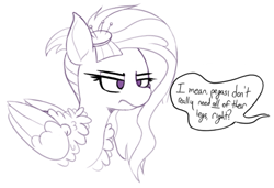 Size: 1345x920 | Tagged: safe, artist:pinkberry, kerfuffle, pegasus, pony, g4, clothes, female, glare, kerfuffle is not amused, mare, monochrome, offscreen character, partial color, simple background, sketch, solo, speech bubble, text, unamused, white background, you're not wrong