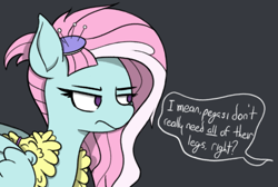Size: 1249x840 | Tagged: safe, artist:pinkberry, kerfuffle, pegasus, pony, g4, rainbow roadtrip, clothes, colored, dark background, female, glare, kerfuffle is not amused, mare, simple shading, solo, text, unamused, you're not wrong