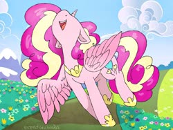 Size: 2048x1536 | Tagged: safe, artist:incendiarymoth, pinkie pie, princess cadance, alicorn, pony, g4, commissioner:bigonionbean, cute, cutedance, diapinkes, female, fusion, mare, nose in the air, open mouth, signature, solo