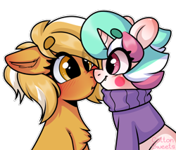 Size: 1000x855 | Tagged: safe, artist:cottonsweets, oc, oc only, oc:cottonsweets, oc:mareota, pegasus, pony, unicorn, blushing, boop, chest fluff, clothes, eye clipping through hair, noseboop, simple background, sweater, transparent background